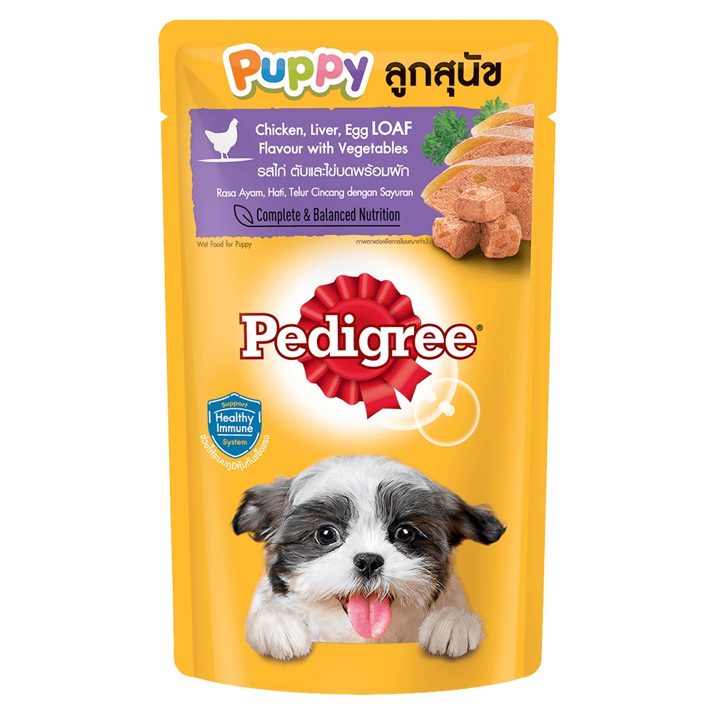 เพดดิกรี® อาหารสุนัขชนิดเปียก แบบเพาช์ ลูกสุนัข รสไก่ ไข่ บด พร้อมผัก